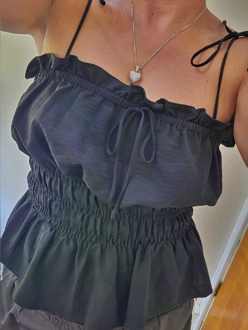 Topshop Black Smocked Ruffle Tie-Strap Women’s Top